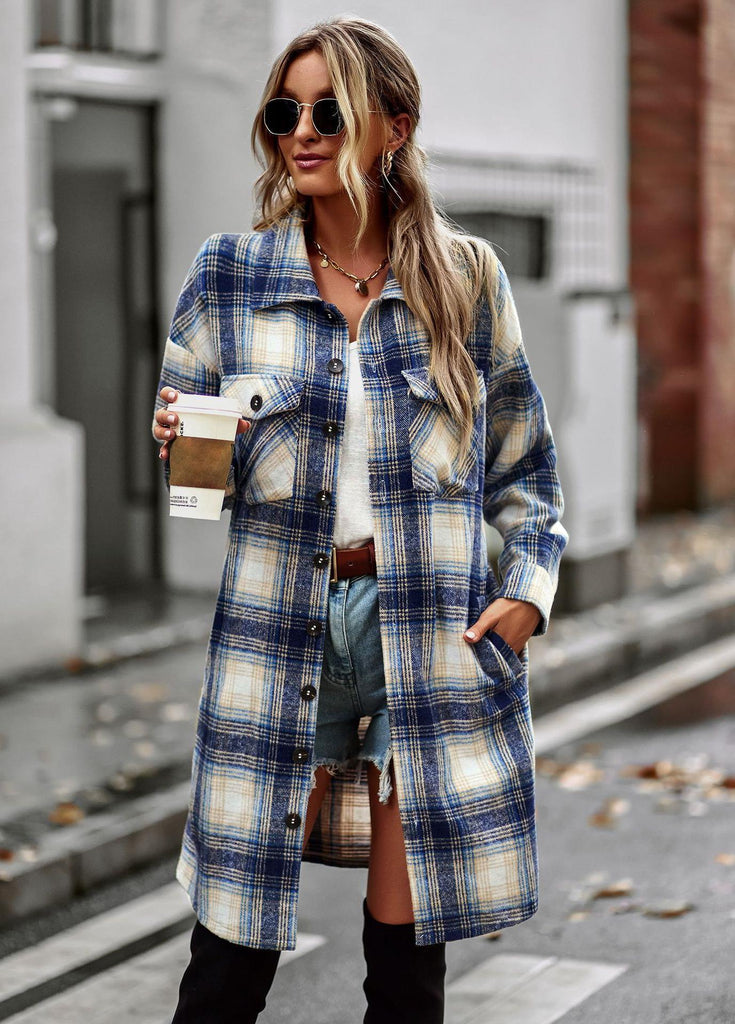 Women’s Long Plaid Woolen Coat with Side Pockets in 4 Colors Sizes 4-18 - Wazzi's Wear