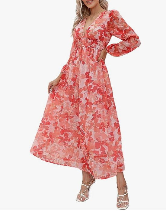 Women’s Printed V-Neck Long Sleeve Summer Maxi Dress