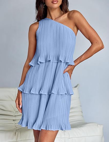 Women's Layered One Shoulder Sleeveless Ruffled Mini Dress