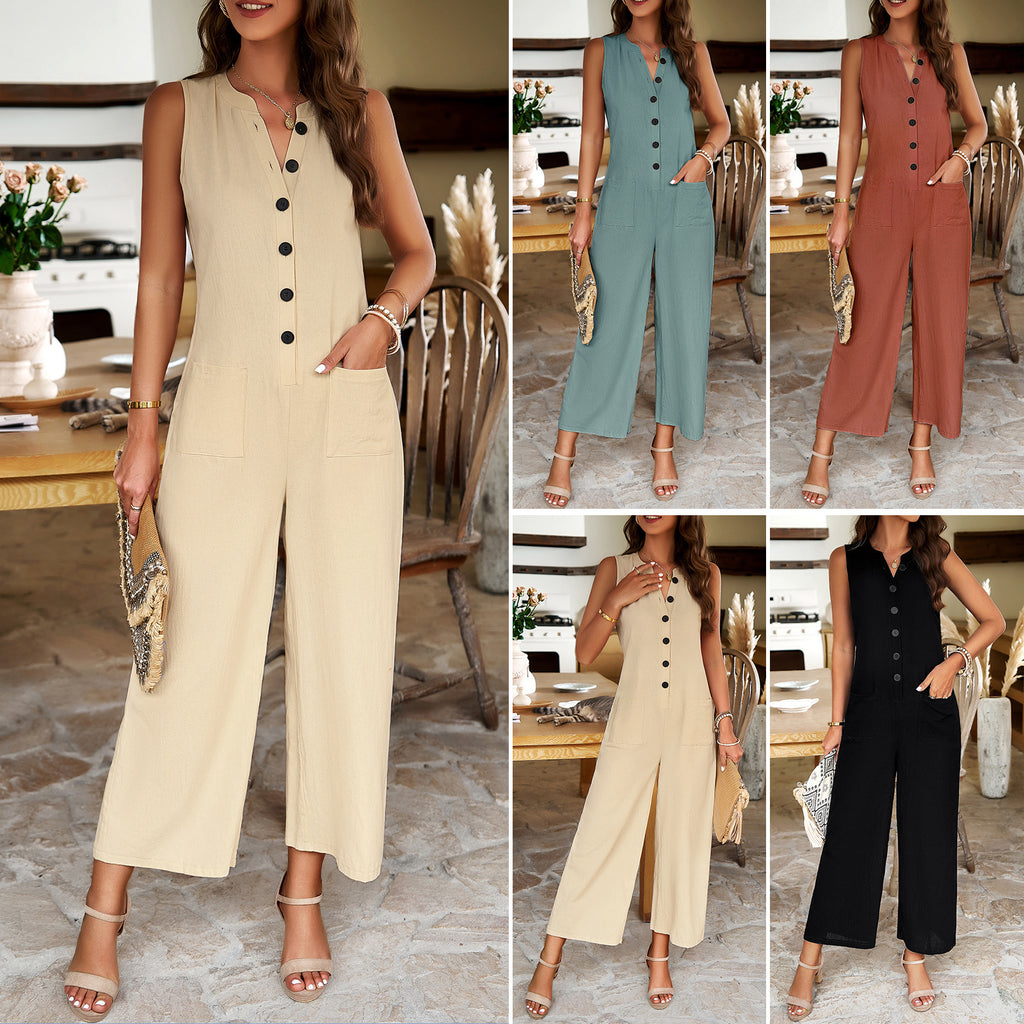 Women’s Cropped Wide Leg Sleeveless Jumpsuit with Buttons and Pockets in 4 Colors S-XL - Wazzi's Wear