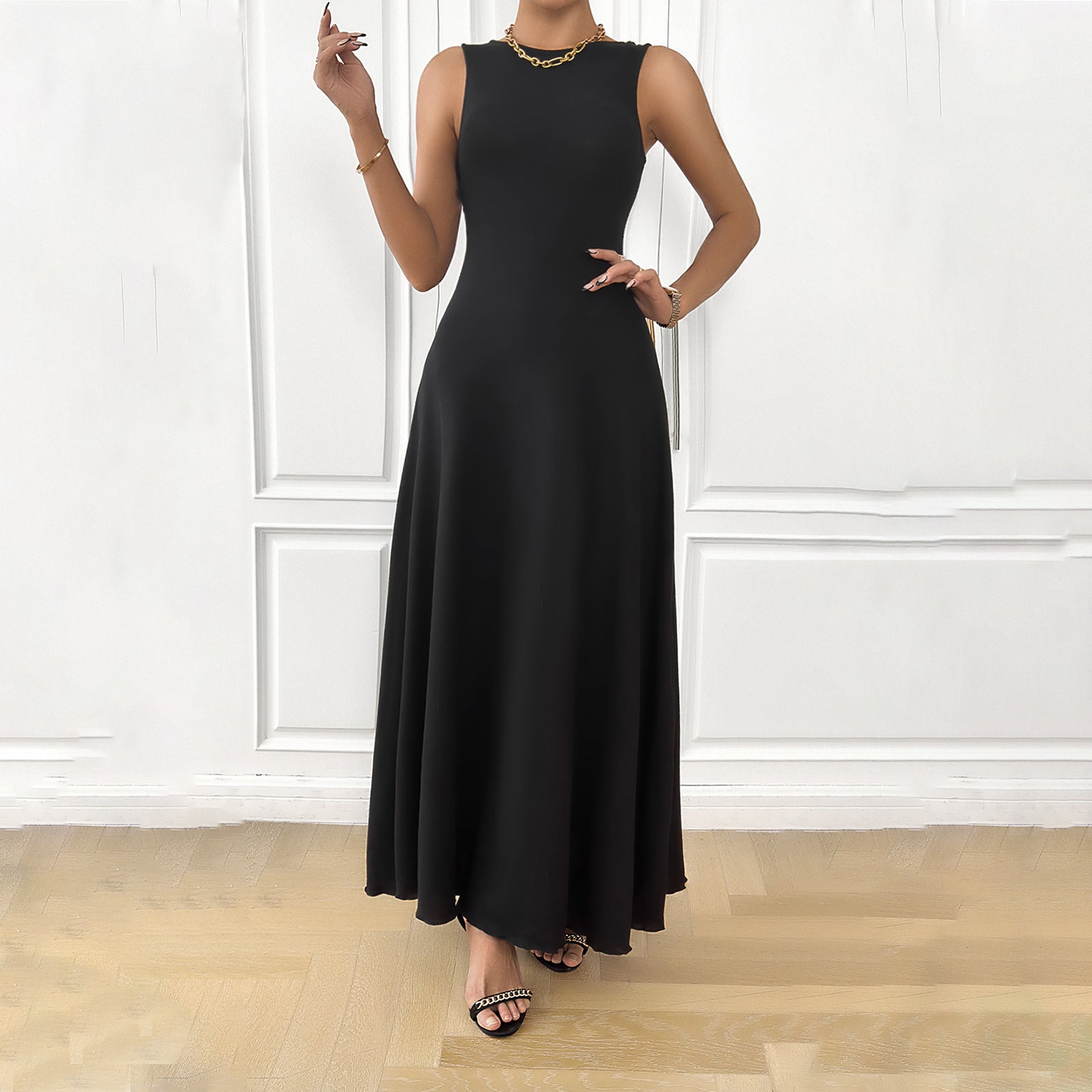 Robe longue formelle noire élégante sans manches pour femmes avec cravate au dos S-XL