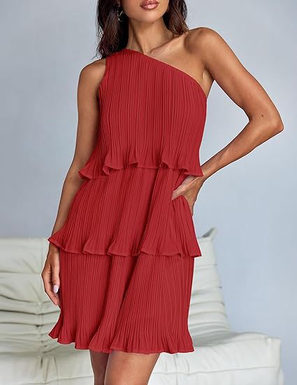 Women's Layered One Shoulder Sleeveless Ruffled Mini Dress