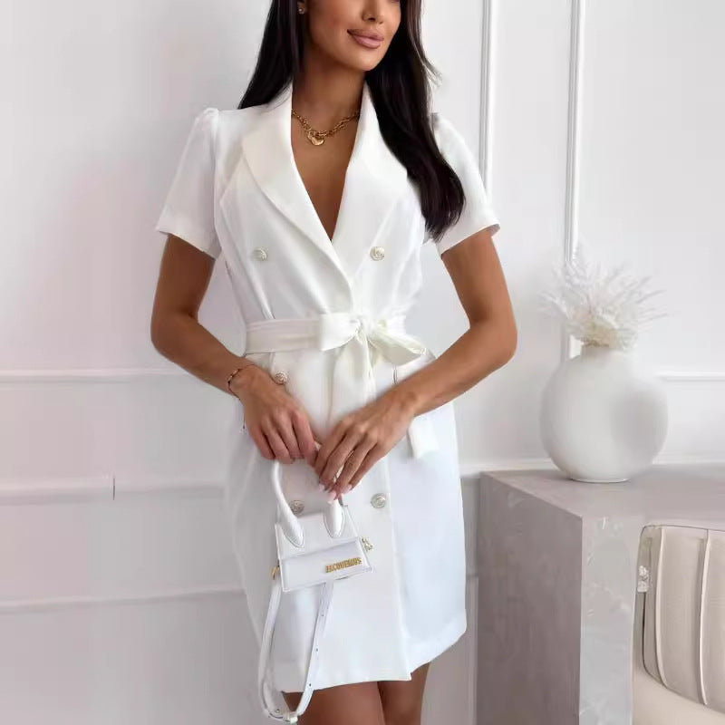 Women’s Short Sleeve V-Neck Double Breasted Suit Dress with Waist Tie