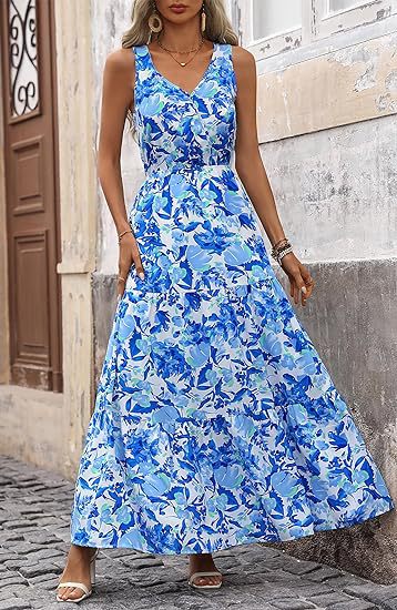 Women's V-Neck Sleeveless Maxi Dress in 10 Patterns