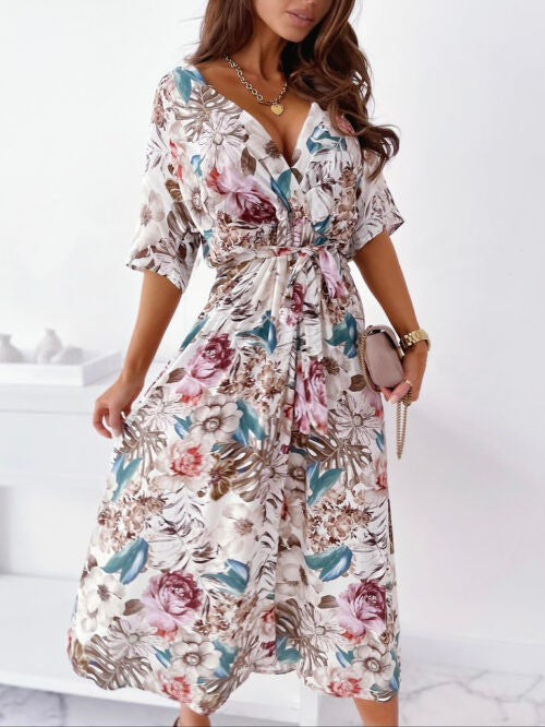 Women’s Floral V-Neck Midi Dress with Elastic Waist