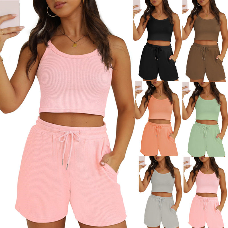 Women's Sleeveless Cropped Top with Matching Drawstring Shorts Set in 6 Colors S-XXL