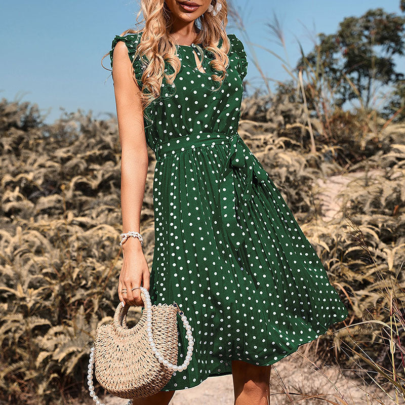 Women's Sleeveless Polka Dot Pleated Midi Dress with Waist Tie