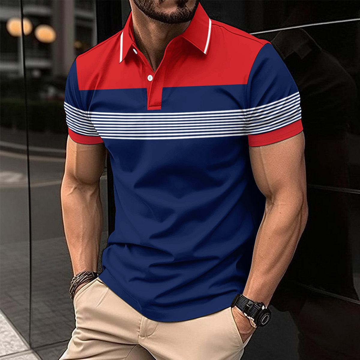 Men's Colorblock V-Neck Button Polo Shirt