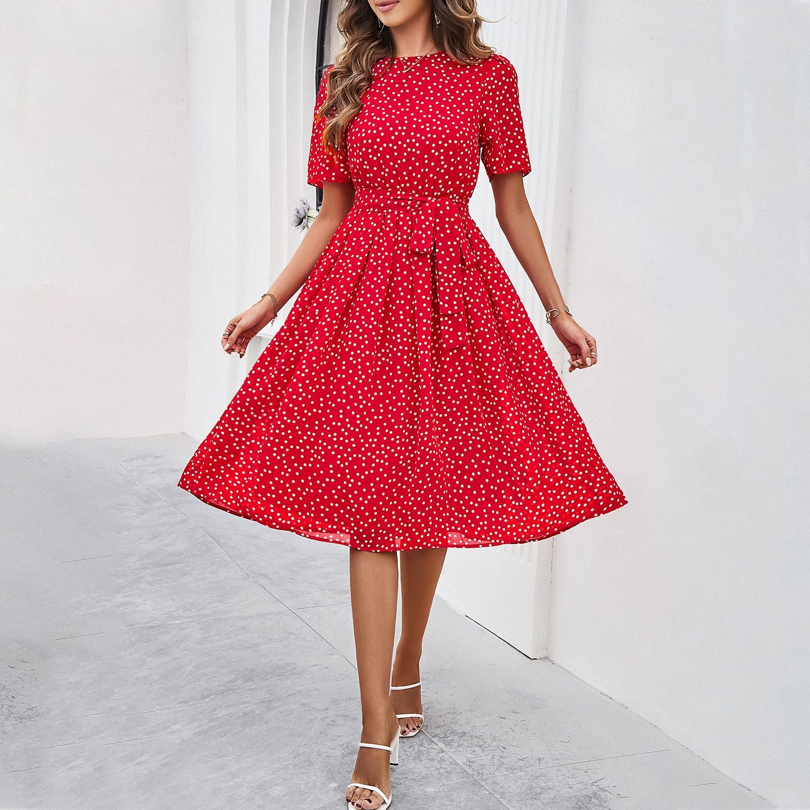 Women's Short Sleeve Polka Dot Dress in 5 Colors S-XL