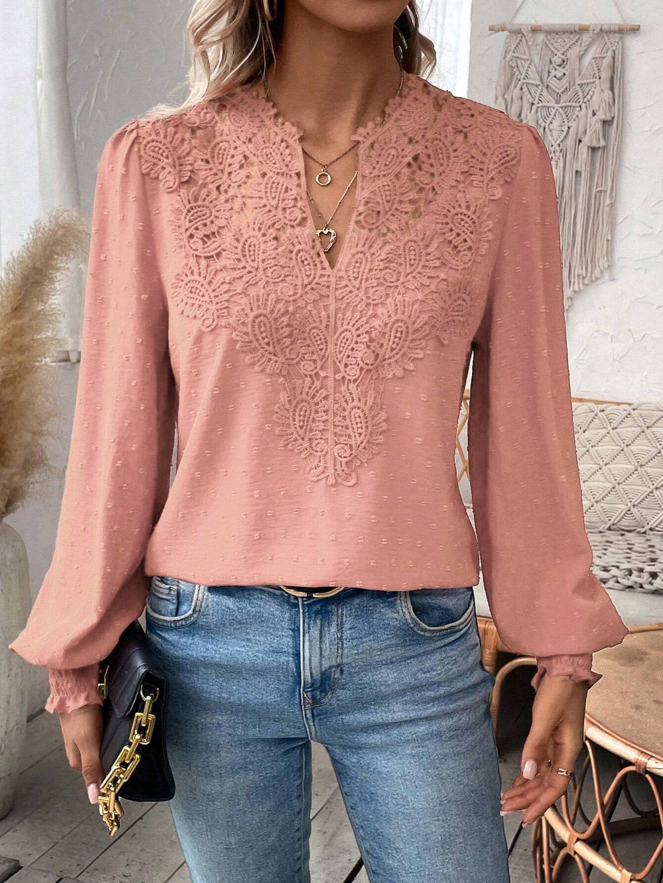 Women’s Elegant Long Sleeve Blouse with Lace Overlay