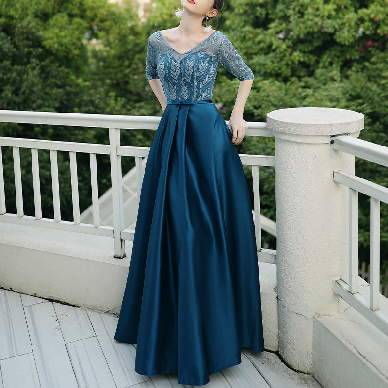 Women’s Elegant Evening Gown with Lace Sleeves in 6 Colors XS-4XL