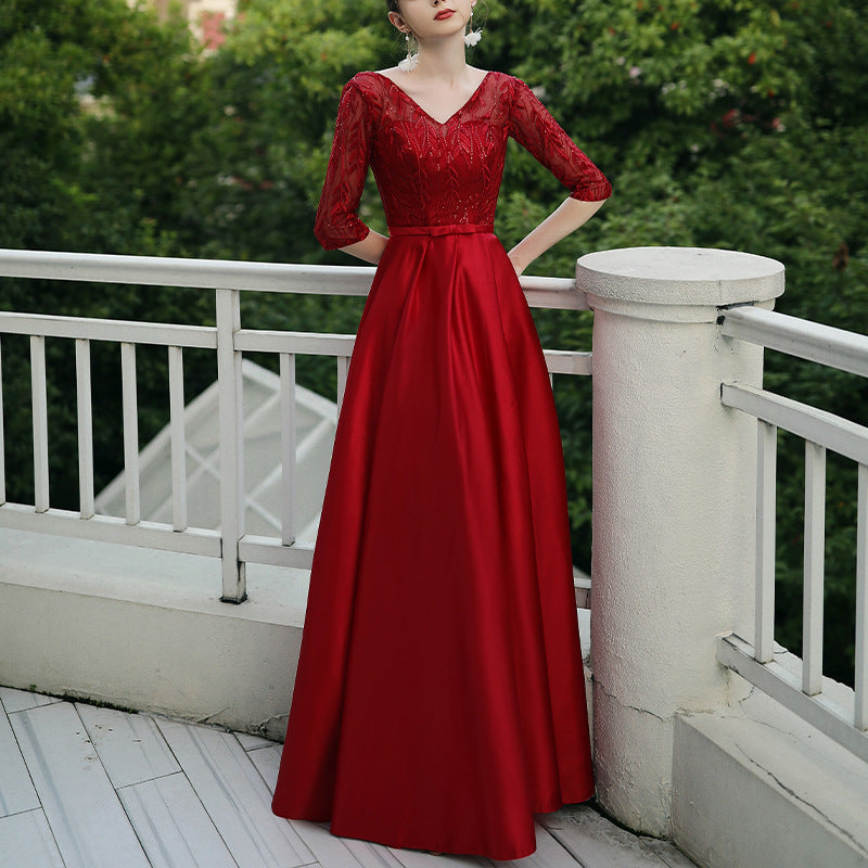 Women’s Elegant Evening Gown with Lace Sleeves in 6 Colors XS-4XL