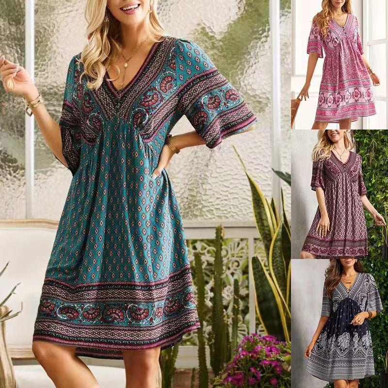 Women’s Loose Fit V-Neck Half Sleeve Boho Midi Dress