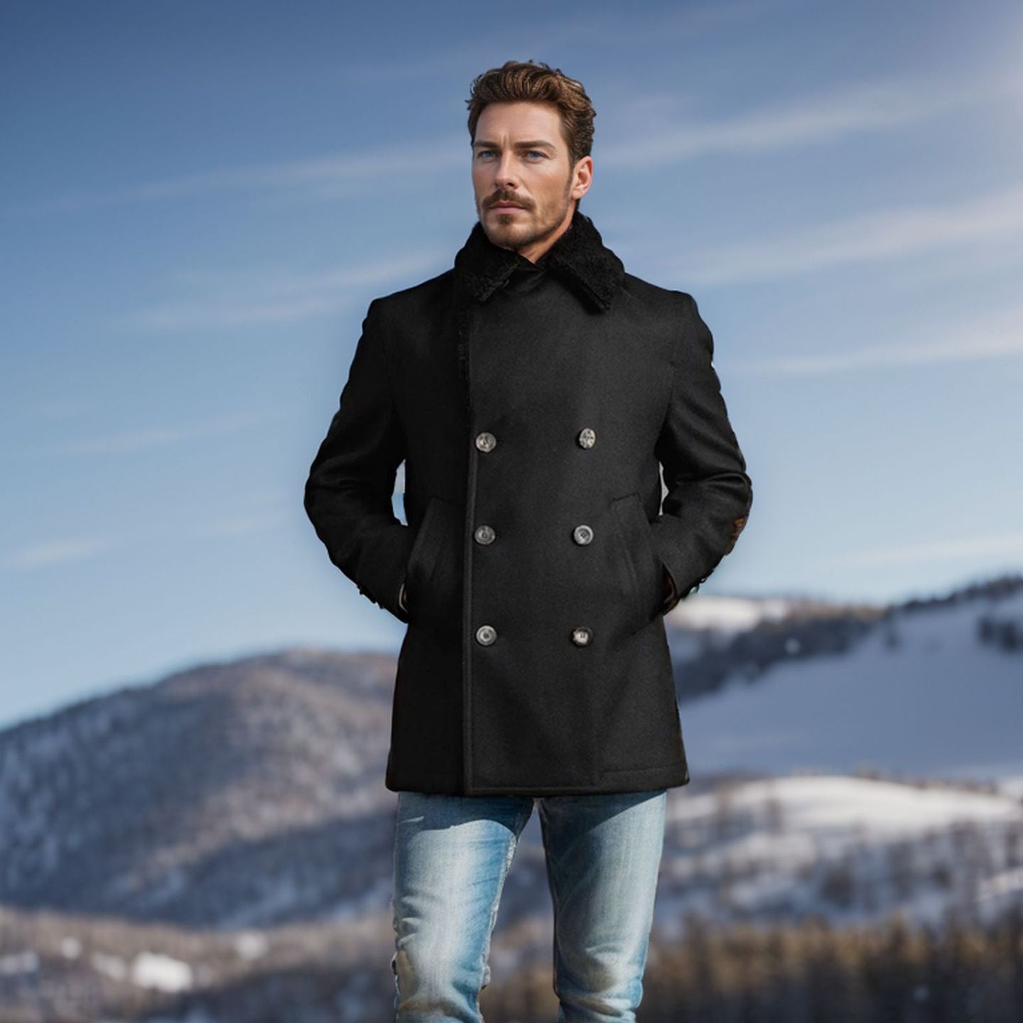 Manteau en laine à double boutonnage avec poches pour hommes