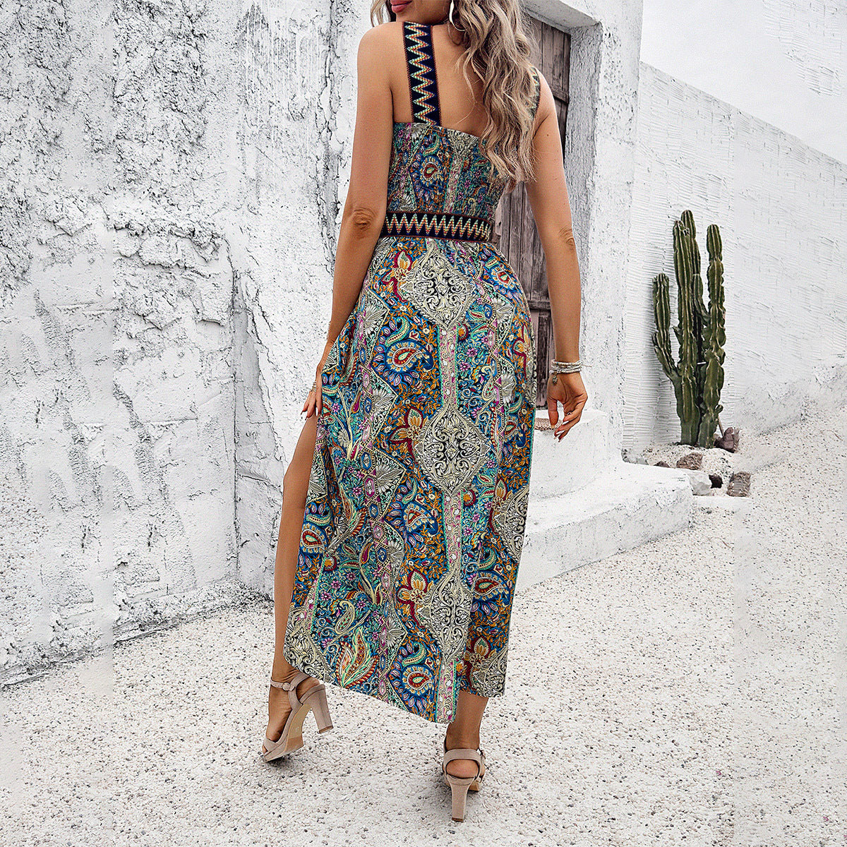 Women's Paisley Print Halterneck Midi Dress with Leg Slit S-XL