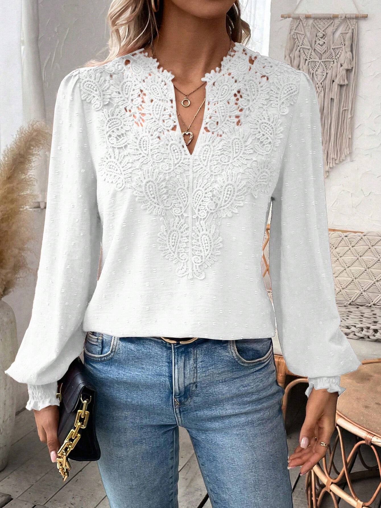 Women’s Elegant Long Sleeve Blouse with Lace Overlay