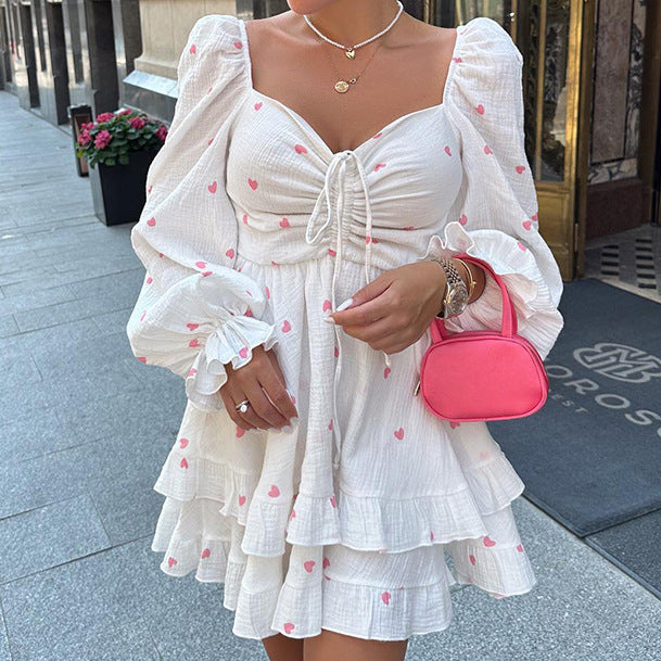 White Crepe Cotton And Linen Square Collar Puff Sleeve Heart Printing High Waist Dress