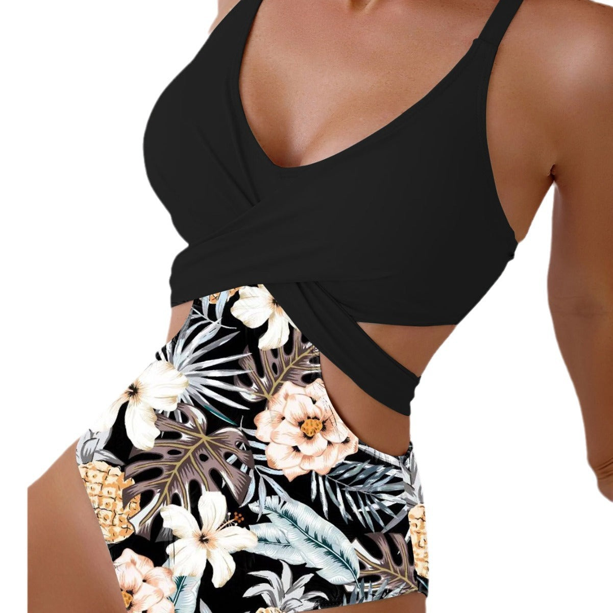 Fato de banho feminino de uma peça com estampado tropical e laço nas costas