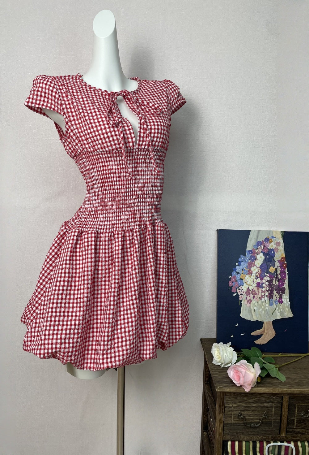 Red Pattern Hollow Out Short Sleeve Dress Women