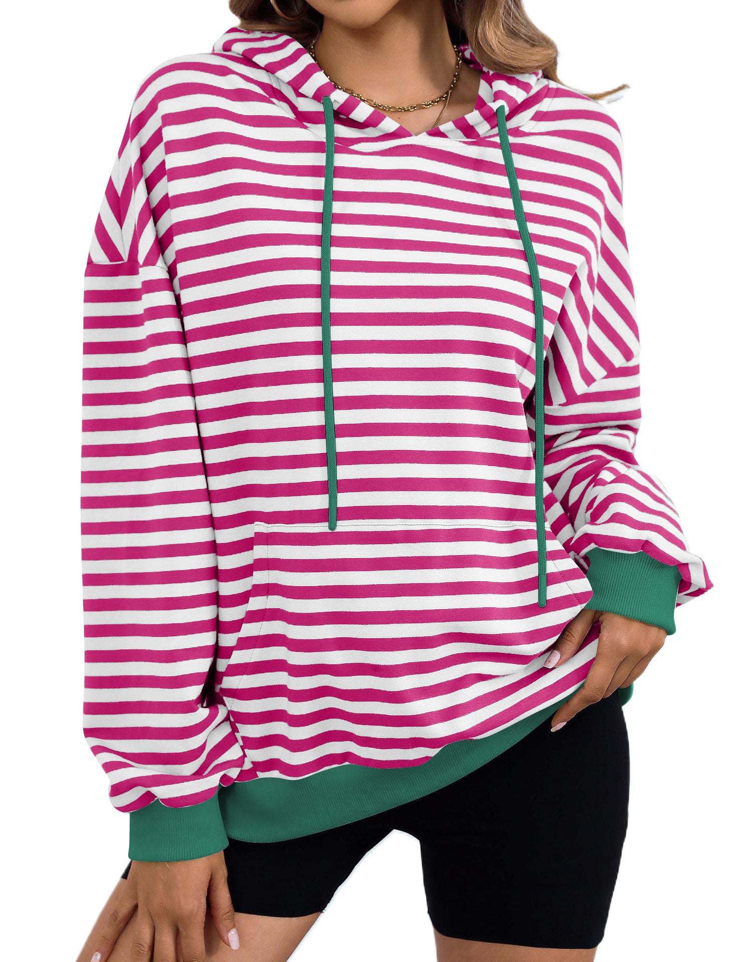 Women's Long Sleeve Striped Hoodie with Kangaroo Pocket