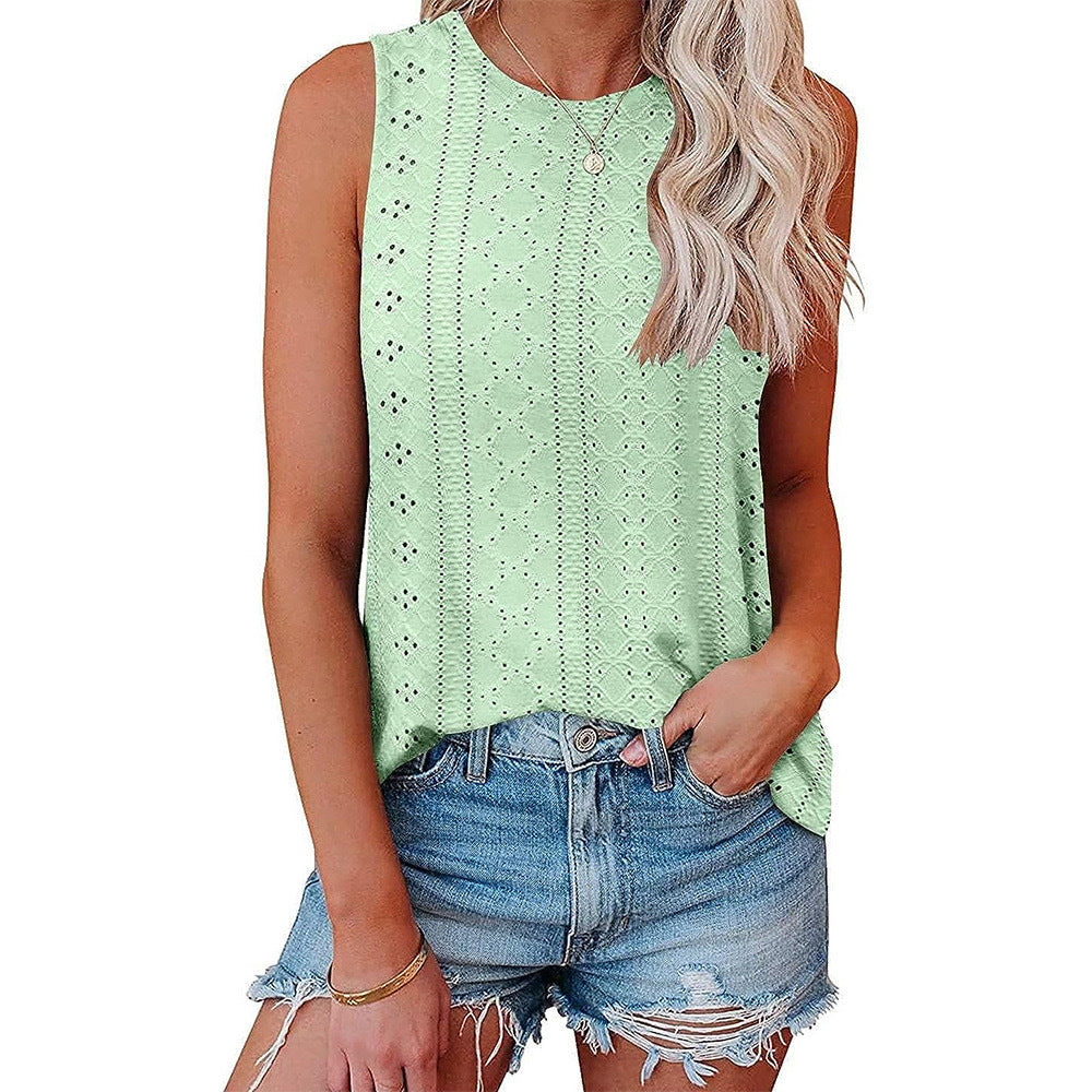 Women's Round Neck Sleeveless Eyelet Tank Top