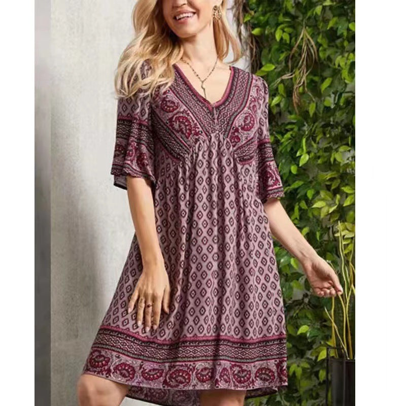 Women’s Loose Fit V-Neck Half Sleeve Boho Midi Dress