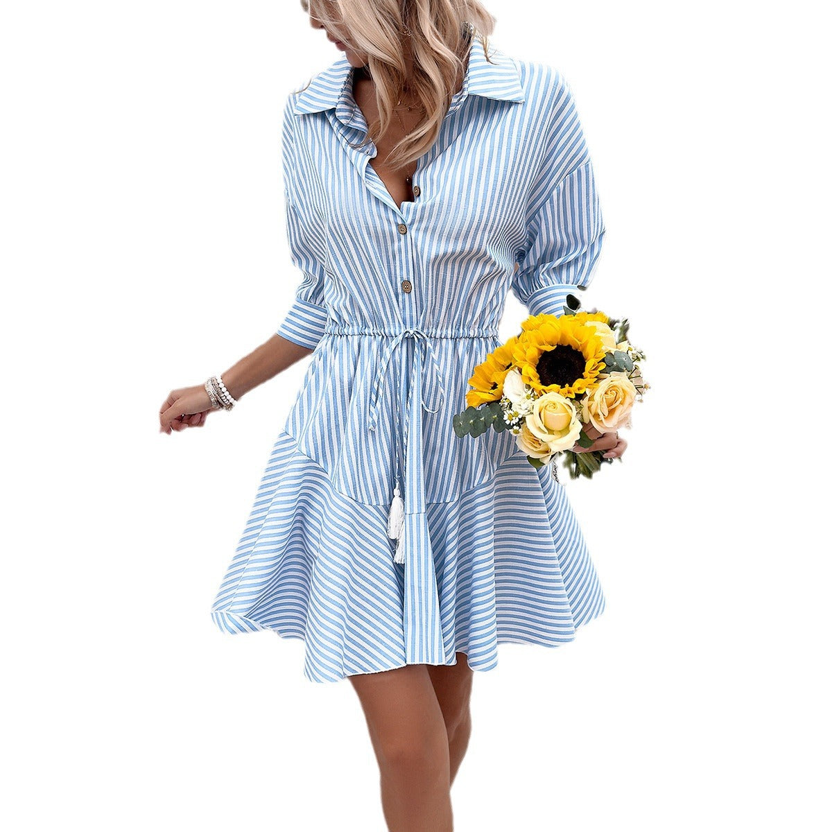 Women's Light Blue Striped Midi Dress with Lapel and Drawstring Waist S-XL