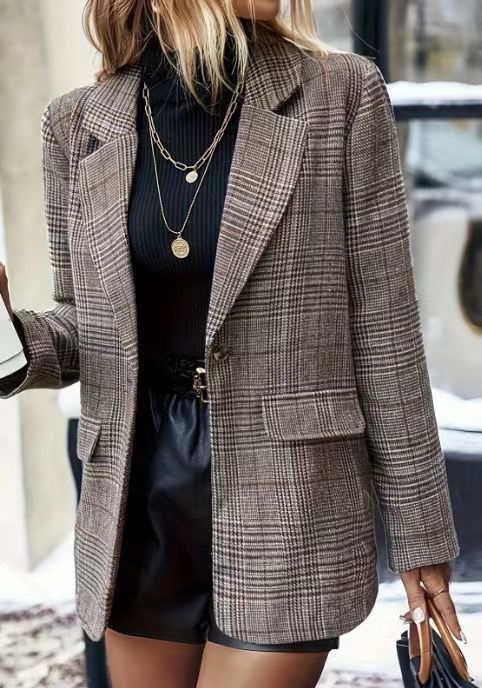 Women's Vintage Plaid Suit Jacket Plaid with Lapel S-XXL - Wazzi's Wear