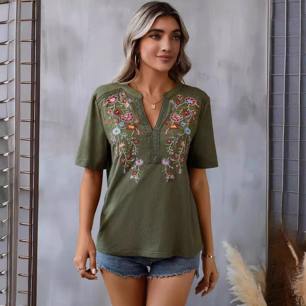 Women’s Embroidered V-Neck Short Sleeve Top