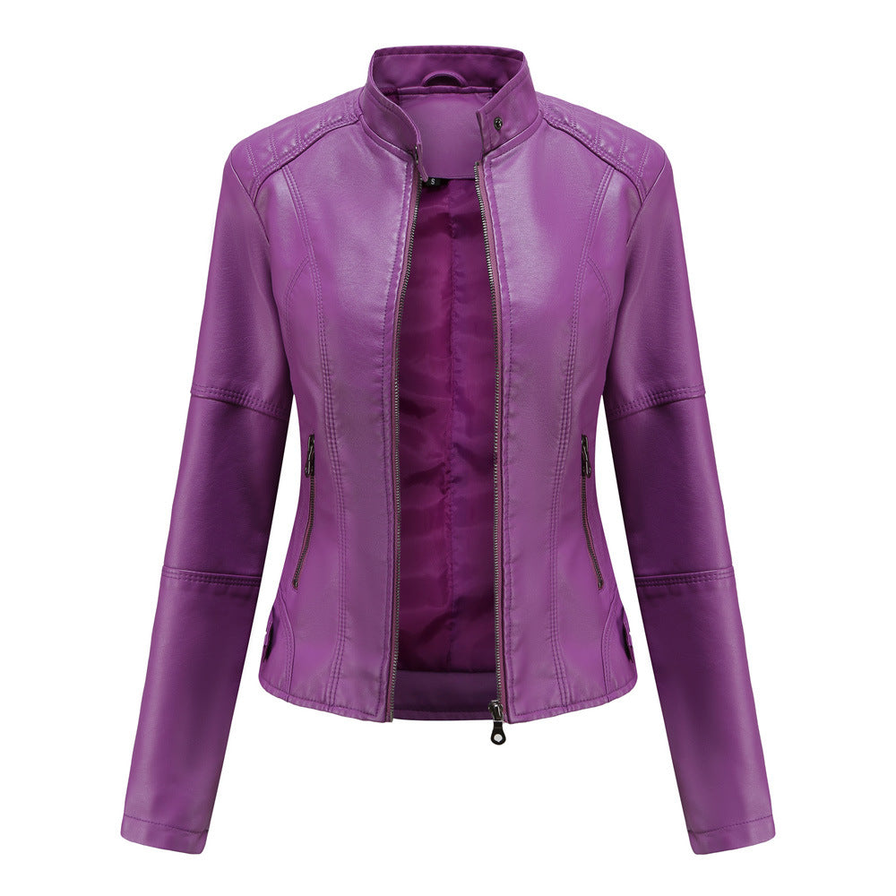 Women’s PU Leather Slim-Fit Jacket with Side Pockets in 7 Colors XS-4XL - Wazzi's Wear