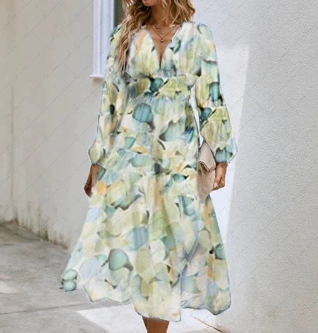 Women’s Printed V-Neck Long Sleeve Summer Maxi Dress