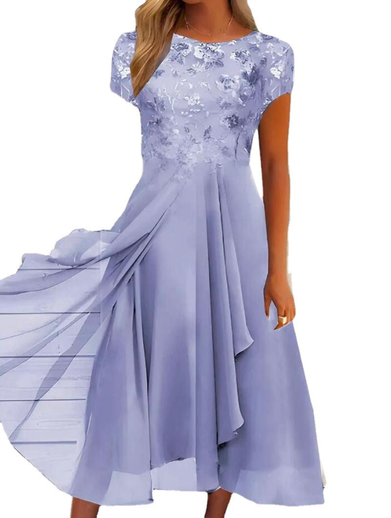 Women's Lace Bodice Short Sleeve Formal Dress with Chiffon Skirt