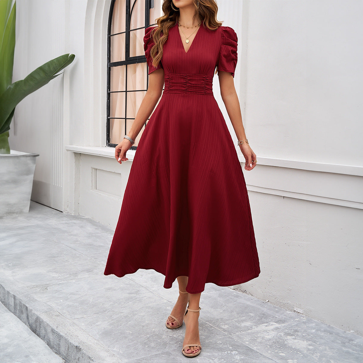 Women's Elegant V-Neck Short Sleeve Midi Dress with Cinched Waist in 3 Colors S-XL