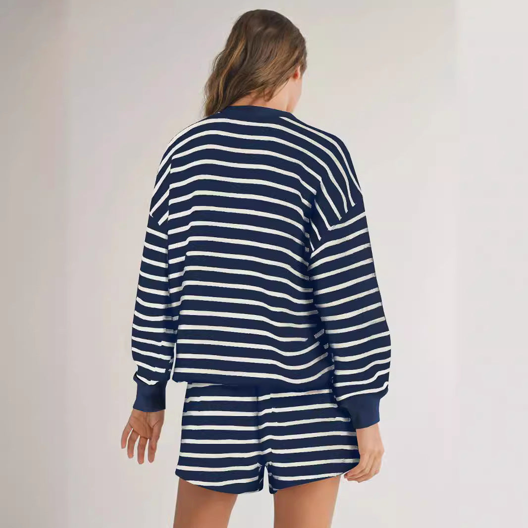 Women's Striped Long Sleeve Top with Shorts Loungewear Set