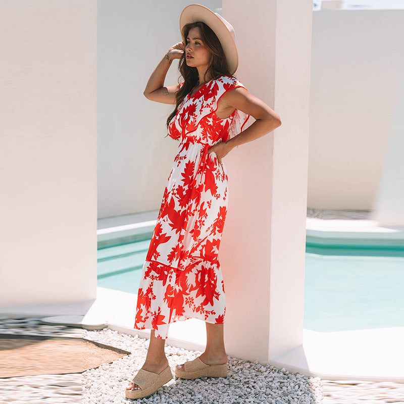 European And American Fashion Flower Printed V-neck Dress Women