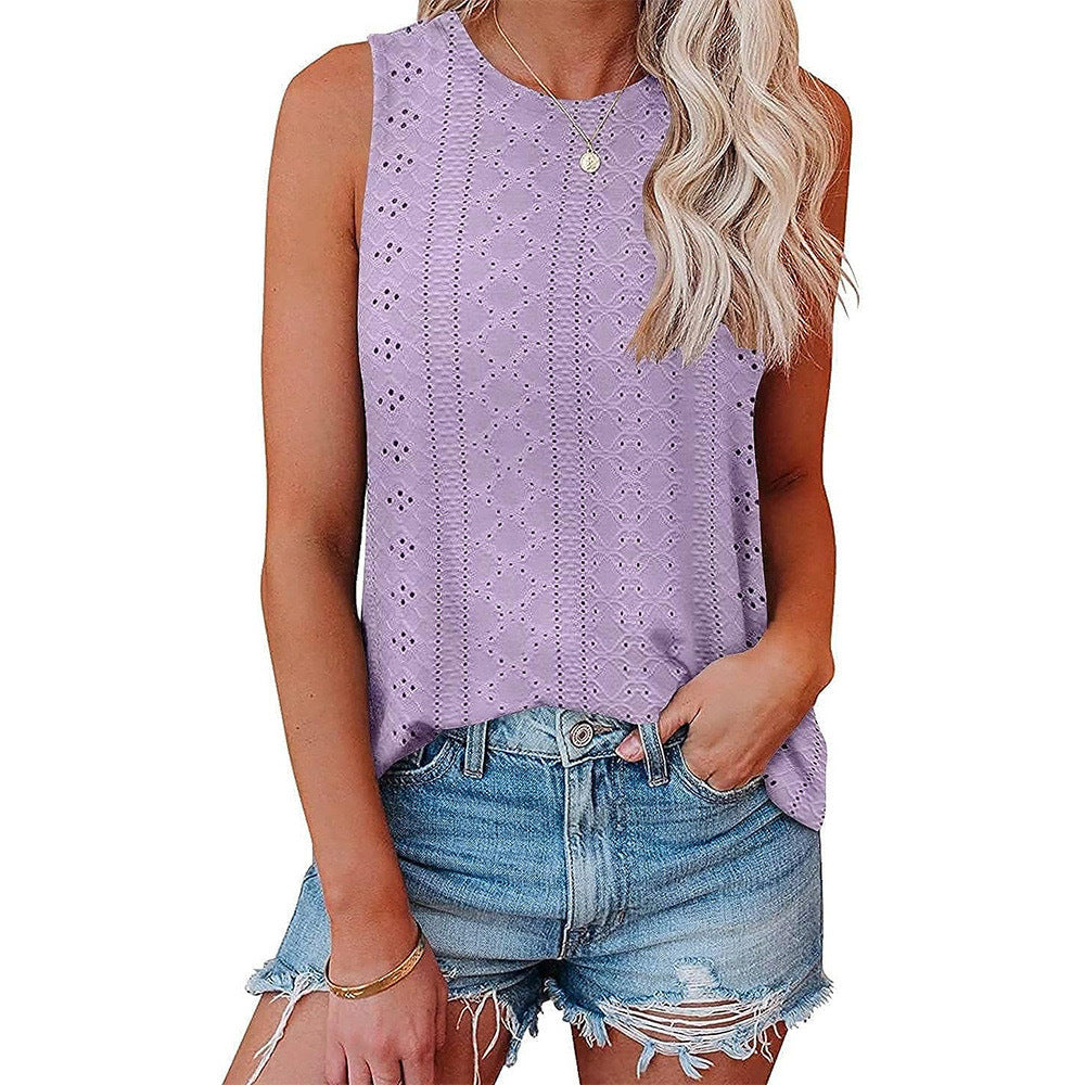 Women's Round Neck Sleeveless Eyelet Tank Top