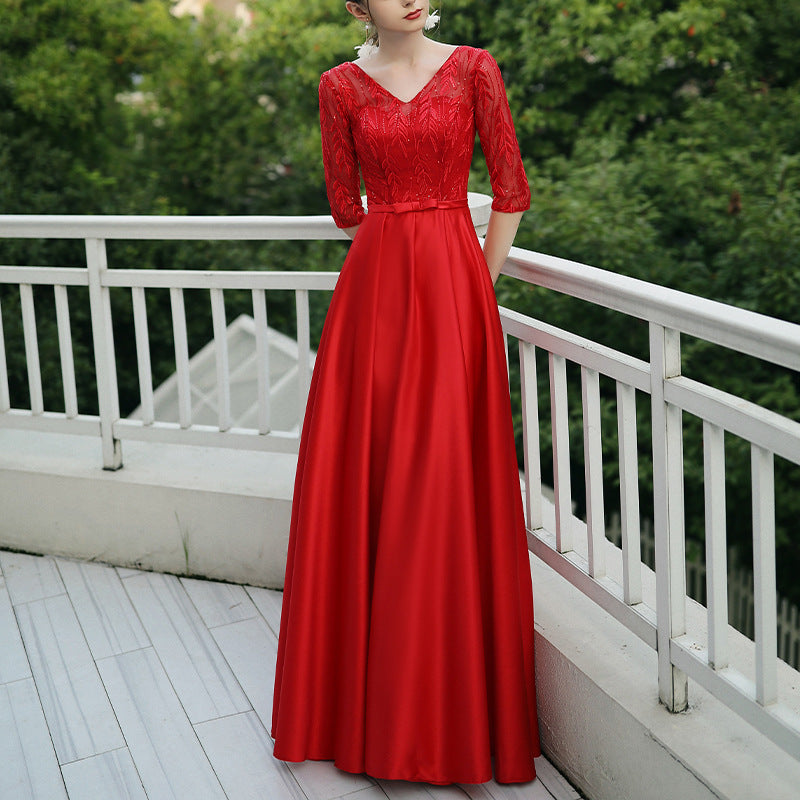 Women’s Elegant Evening Gown with Lace Sleeves in 6 Colors XS-4XL