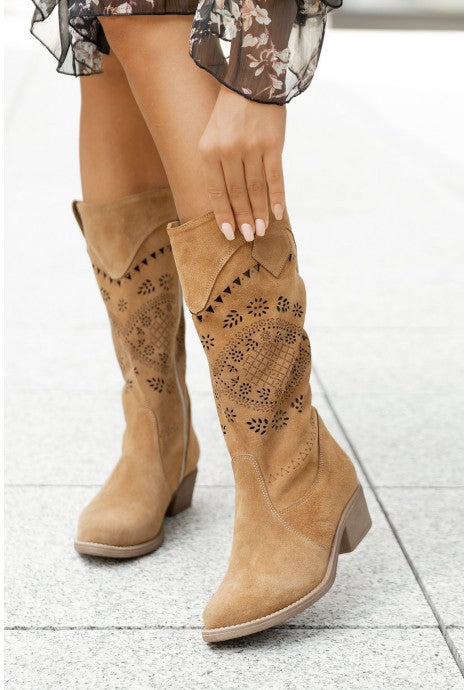 Suede Calf Boots with Short Block Heel