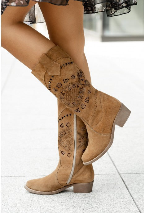 Suede Calf Boots with Short Block Heel