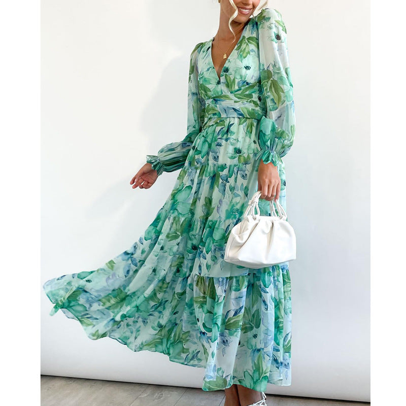 Women’s Printed V-Neck Long Sleeve Summer Maxi Dress