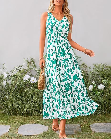 Women's V-Neck Sleeveless Maxi Dress in 10 Patterns