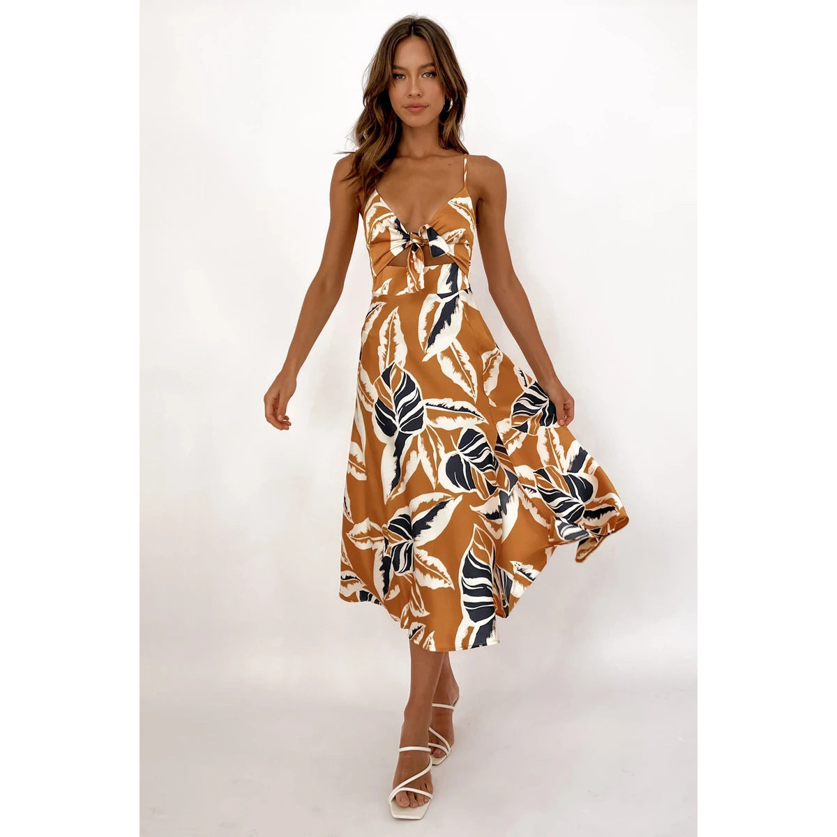 Women’s Sleeveless Leaf Print Midi Dress with Front Tie