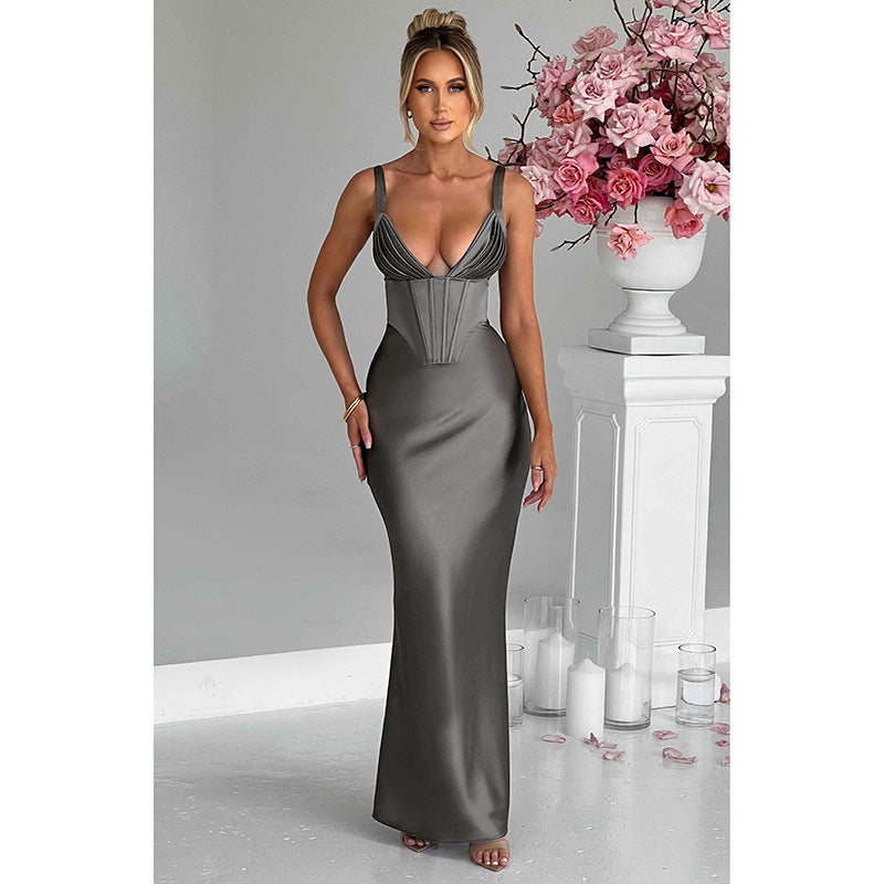 Women's Elegant Deep V-Neck Satin Sleeveless Evening Dress in 2 Colors S-L - Wazzi's Wear