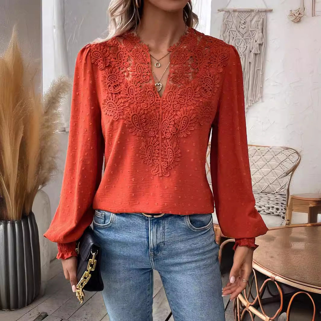 Women’s Elegant Long Sleeve Blouse with Lace Overlay