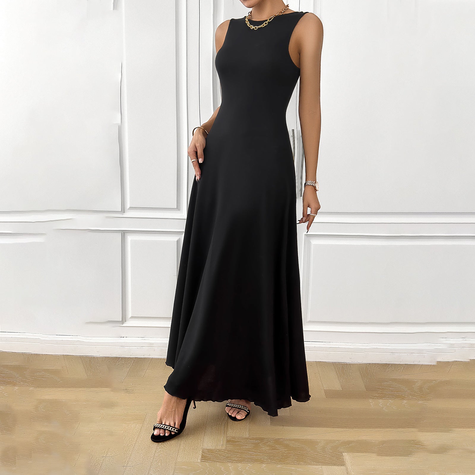 Vestido largo formal negro sin mangas elegante para mujer con lazo en la espalda S-XL