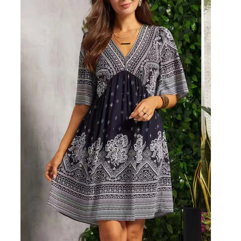 Women’s Loose Fit V-Neck Half Sleeve Boho Midi Dress