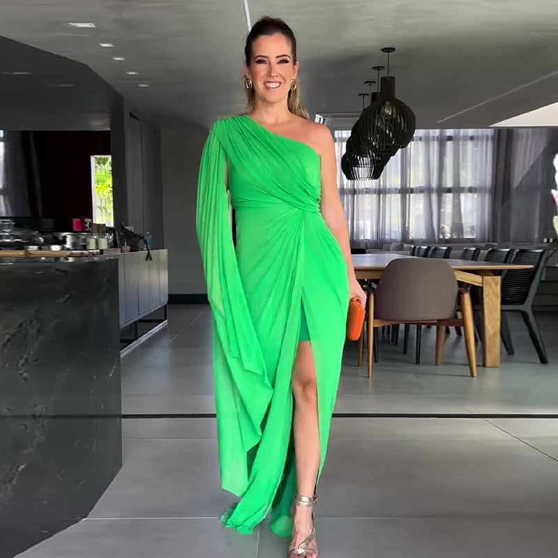 Solid Color Raglan Sleeve Split Women Dress