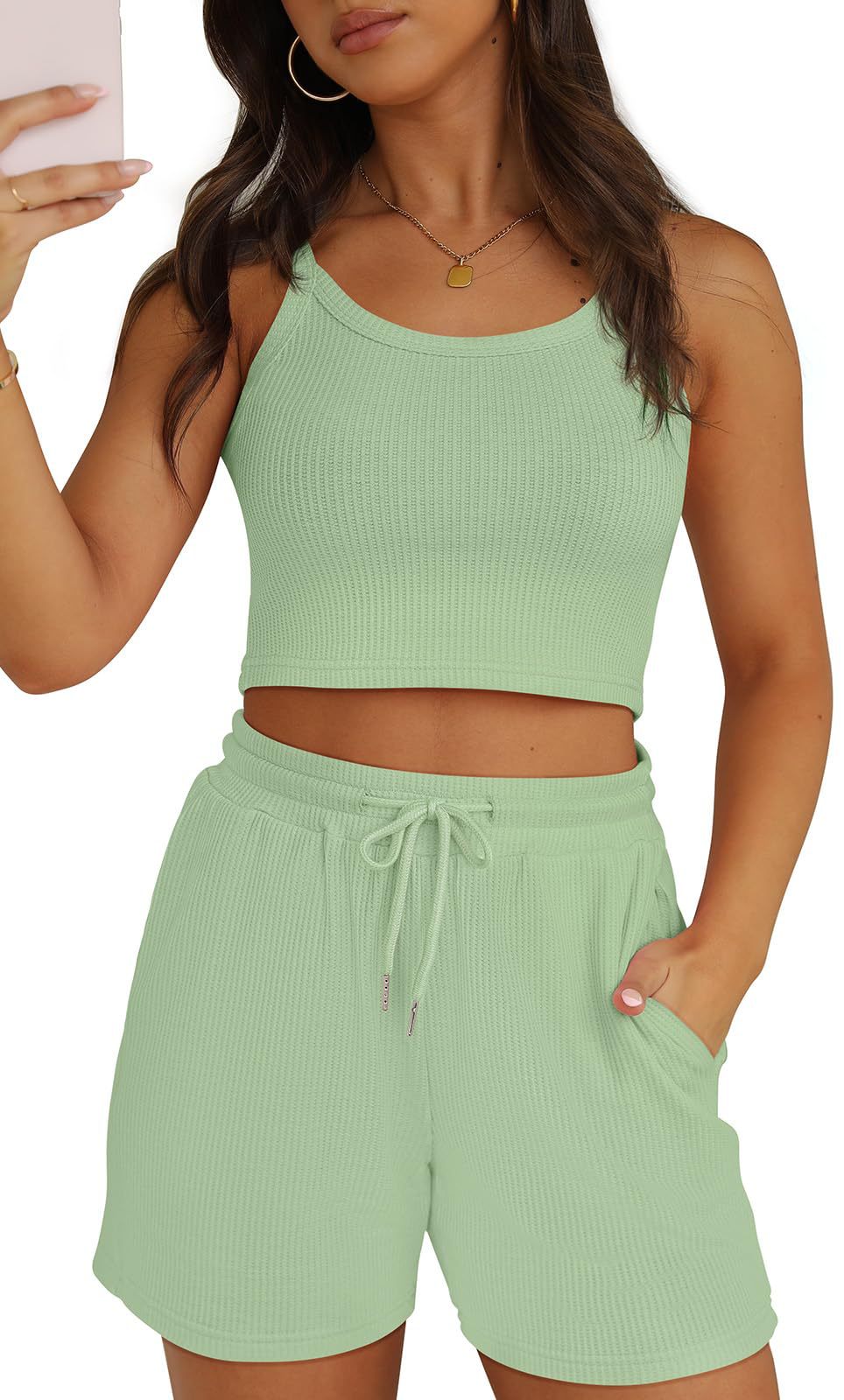 Women's Sleeveless Cropped Top with Matching Drawstring Shorts Set in 6 Colors S-XXL