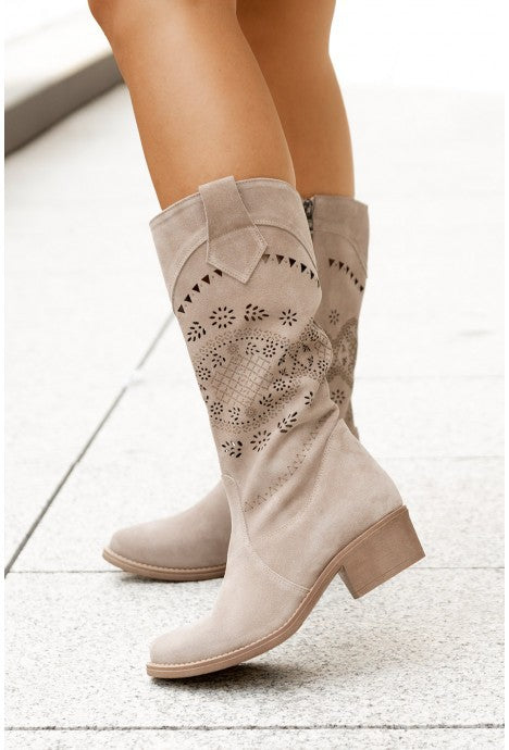 Suede Calf Boots with Short Block Heel