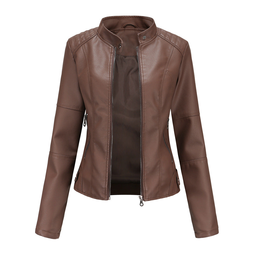 Women’s PU Leather Slim-Fit Jacket with Side Pockets in 7 Colors XS-4XL - Wazzi's Wear